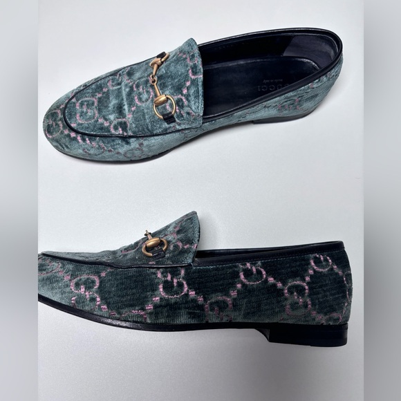 GUCCI Authentic GG Velvet Embossed Slip On Horsebit Loafers Size 39 Green Pink - Picture 9 of 15